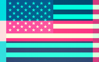 Abstract Pop Art Style American Flag Illustration with Vibrant Teal, Blue, Pink, and Cream Colors in a Modern Graphic Design