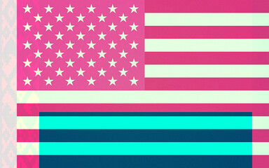 Fototapeta premium Abstract Digital Artwork Depicting a Deconstructed Flag Motif with Stars and Stripes in Vibrant Pink, Cyan, and Dark Teal, Enhanced with Pixelated Glitch Art Textures