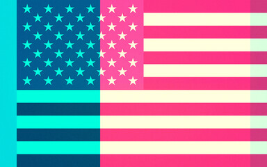 Fototapeta premium Abstract and Vibrant Stylized Flag with Contrasting Pink, Cream, Blue, and Turquoise Sections, Featuring Stars and Stripes Design
