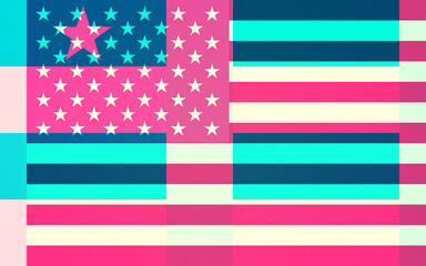 Fototapeta premium Vibrant Abstract American Flag Design Featuring Glitch Art Aesthetics with a Modern Pop Art Color Palette of Pink, Blue, Cyan, and Cream Hues