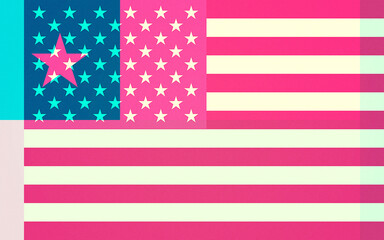 Obraz premium Stylized American Flag with Vibrant Pink and Pale Yellow Stripes and Turquoise Stars, Featuring a Large Central Pink Star Overlay in a Grainy Pop Art Style