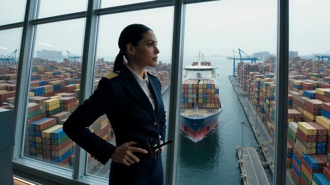 Maritime officer speaking on a walkie-talkie beside a cargo port