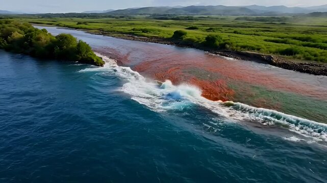 Aerial View of River Meeting Ocean, Coastal Estuary Landscape, Natural Resource Intersection
