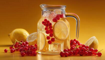 Lemon And Red Currant Infused Summer Cooler Served With Ice In A Stylish Decanter - Perfect For Hot Days.