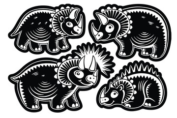 Black And White Triceratops Dinosaur Character Sticker Vector Set © revpy
