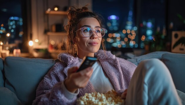 Cheerful Young Lady Switches Channels With Remote Control, Enjoys Popcorn While Watching Tv In The Evening At Her House.