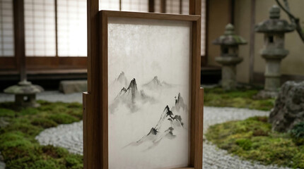 Delicate Ink Wash Painting of Misty Mountains on Rice Paper in a Traditional Japanese Garden Setting