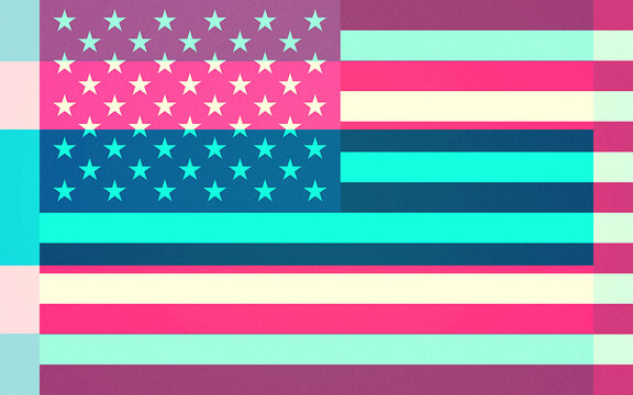 Abstract Flag Design with Vibrant Star and Stripe Pattern in Pop Art Style Featuring Overlapping Colors and Grainy Texture
