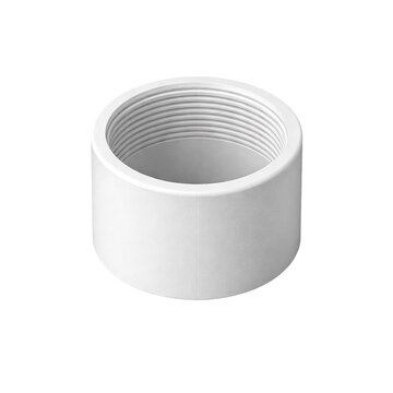 PVC cleanout adapter fitting isolated on transparent background. White female threaded cleanout fitting with smooth outer hub and visible internal threads.