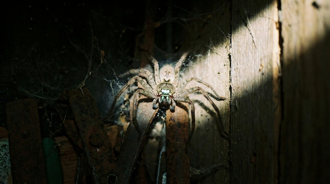 Intimidating Huntsman Spider Species Heteropoda Venatoria Lurking in Shadowy Environment