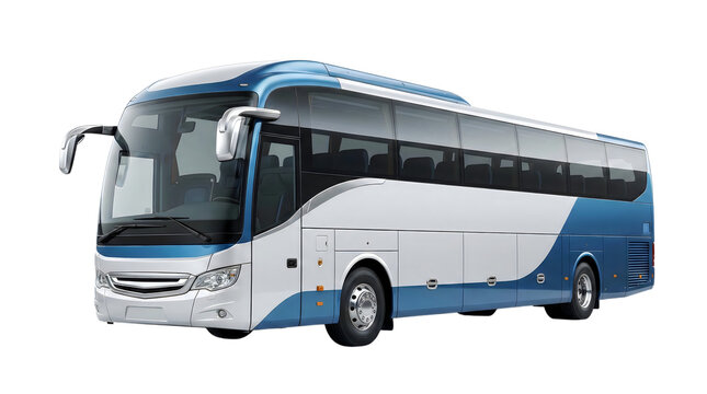 Blue and white modern coach bus isolated on transparent background