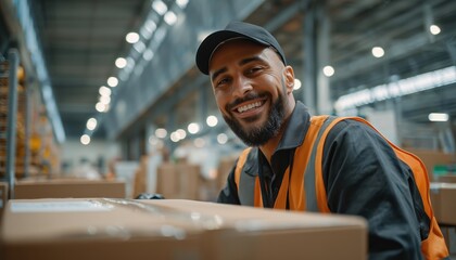 Warehouse Worker Scanning Box And Smiling At Camera: A Close-Up In A Spacious Warehouse Setting Featuring Employee In Action.