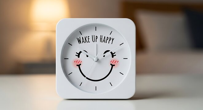 Square alarm clock with smiling face showing 'wake up happy' text on dial symbolizing morning routine positivity and cheerful start to day