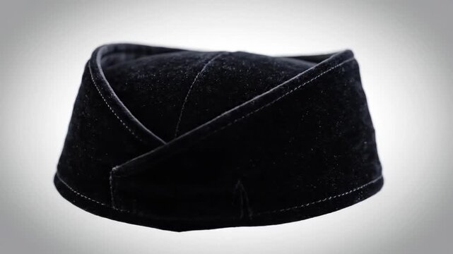 A close-up studio shot showcases a luxurious black velvet cap with intricate stitching