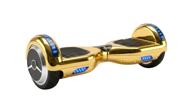 Golden hoverboard with blue accents and black wheels isolated on transparent background