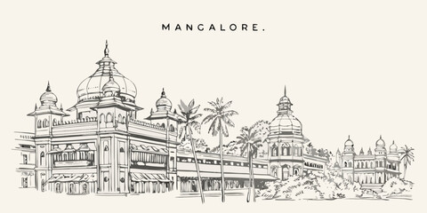 Mangalore cityscape illustration featuring ornate architectural details and palm trees © Bijon