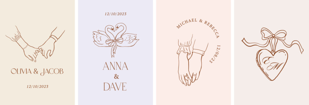 Vintage hand drawn whimsical wedding illustrations. Wedding monograms and logo set. Elegant romantic design