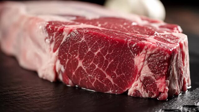 Raw marbled beef steak in a close-up shot. Fresh prime cut of red meat prepared for cooking. Gourmet food and butchery concept