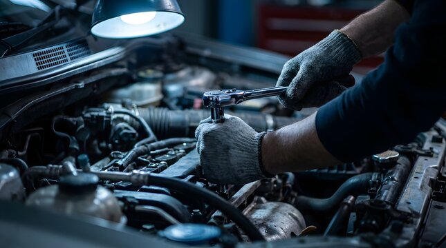 Mechanic Using Ratchet Wrench to Tighten Bolt Inside Car Engine Close Up in Auto Repair Workshop