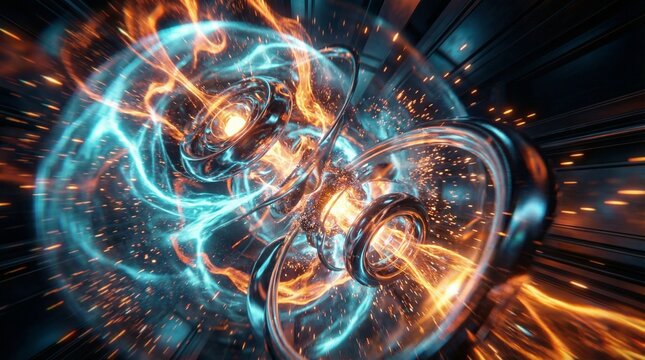 Quantum Core Fusion Reactor with High-Energy Plasma Pulses. A highly detailed, cinematic 3D abstract illustration of a high-energy quantum core fusion reactor.