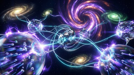 Intergalactic Quantum Entanglement and Data Relay Network. A vast, macro-cosmic view of shimmering translucent quantum spheres acting as vital gateways for instantaneous information transfer across pa