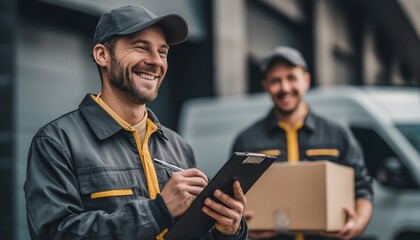 Fototapeta premium Joyful Laborer Utilizing Touchpad To Coordinate Package Delivery And Communicate With Colleague In A Warehouse Setting.