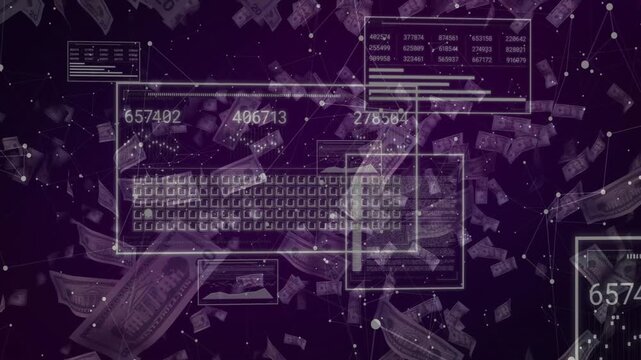 Large glassy panel reacting to data pulse, expanding and updating numbers, showing money flow