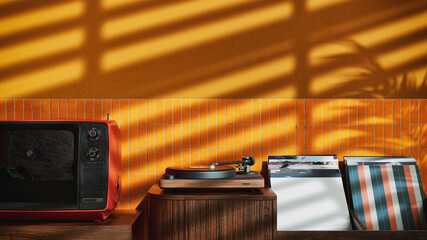 Retro interior with turntable and vinyl records on yellow wall 3D render illustration