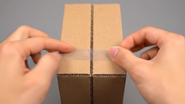 Hands applying clear tape to a closed cardboard box, sealing the top closure