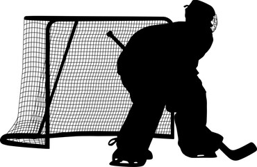 Obraz premium Black silhouette of an ice hockey goalkeeper or goalie isolated on white background. Sports pose for logo, emblem, team branding, or hockey tournament design