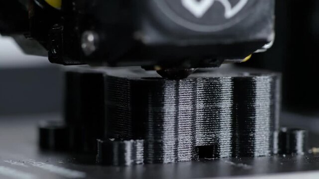 Close-up of 3D printing black plastic object with 3D printer technology.