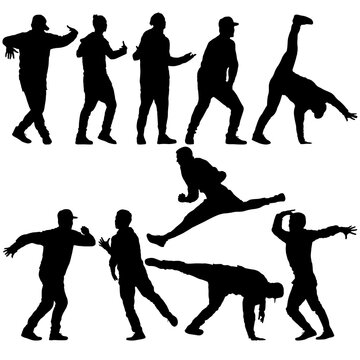 Set of black silhouette breakdancer poses including headspin, freeze, and side moves. Street dance collection isolated on white background for urban culture, sport, or music design