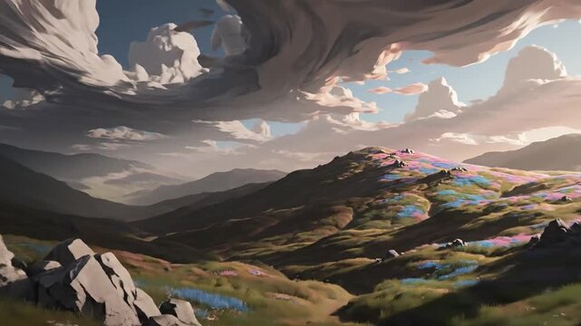 Rugged mountain landscape under dramatic swirling clouds and colorful hills