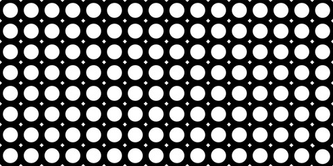 Abstract seamless geometric pattern featuring white circular dots arranged in a repeating grid on a black background.