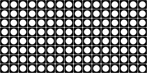 Abstract seamless geometric pattern featuring white circular dots arranged in a repeating grid on a black background.