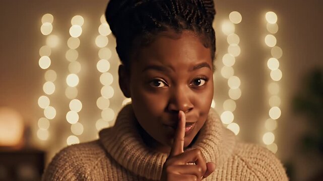 Woman Gesturing Silence with Finger on Lips - A young woman with braided hair gestures for silence, placing her finger on her lips.