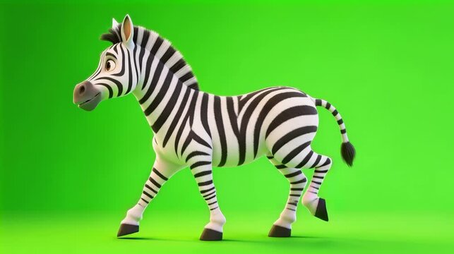 3D cute zebra animation walking green screen cartoon