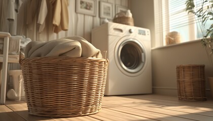 Laundry Room Floor Adorned With Wicker Basket Holding Clothes. A Cozy And Organized Corner In The Room. The Perfect Storage Solution.