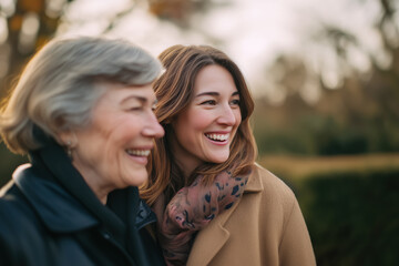 Naklejka premium Close-up of two happy Caucasian women of different ages laughing outdoors in a park. Joyful mature mother and adult daughter enjoy a walk in nature. Authentic relationship and happiness.