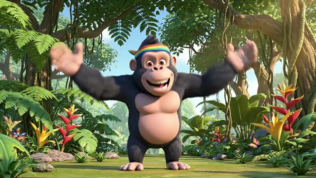Cartoon Gorilla Dancing in Jungle - A joyful cartoon gorilla with a vibrant headband is depicted mid-dance in a lush jungle setting.
