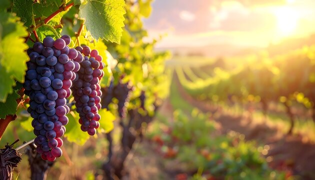 Racimo de uvas maduras en vi&ntilde;edo al atardecer