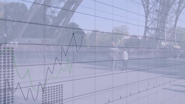 Grid overlay appearing triggers black line tracing market chart over Eiffel plaza, showing growth