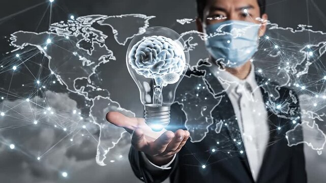 Businessman in mask holds brain light bulb over world map
