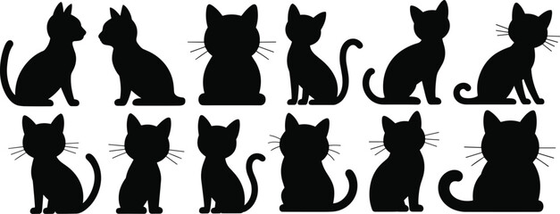 Cat silhouette collection with various sitting poses isolated on white background, cute feline vector icon set © MstIsmotaraKhatun