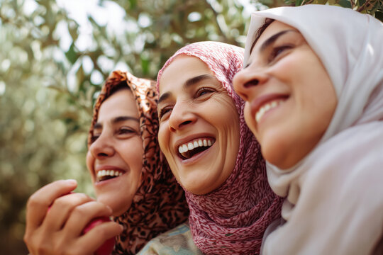 Group of joyful Arab female friends smiling during a walk in the garden. Beautiful women wearing diverse hijabs enjoy a sunny day. Empowerment and positive emotions. Place for signature.