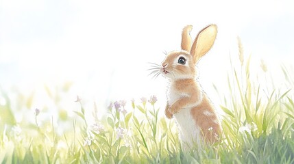 Obraz premium watercolor picture of a playful bunny hopping across a grassy field, surrounded by small flowers in soft pastel colors like lavender, peach, and mint green