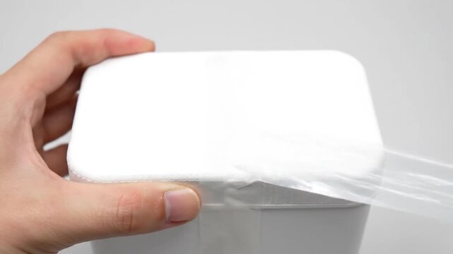Hands peeling the transparent wrap off a white, rectangular object. Focused on hands