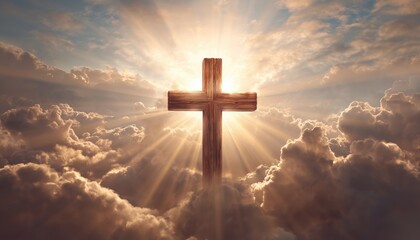Wooden Cross Shape Or Religious Symbol Hovering Against A Sunlit Sky With Fluffy Clouds, Depicting Spiritual Peace And Serenity.