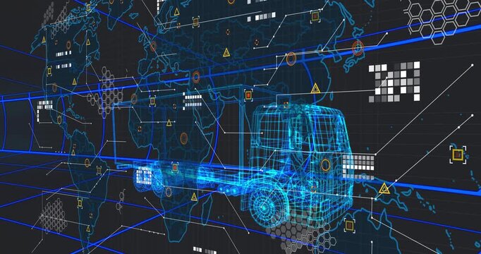 Cyan wireframe truck appearing, HUD nodes emerging and linking data for global fleet tracking