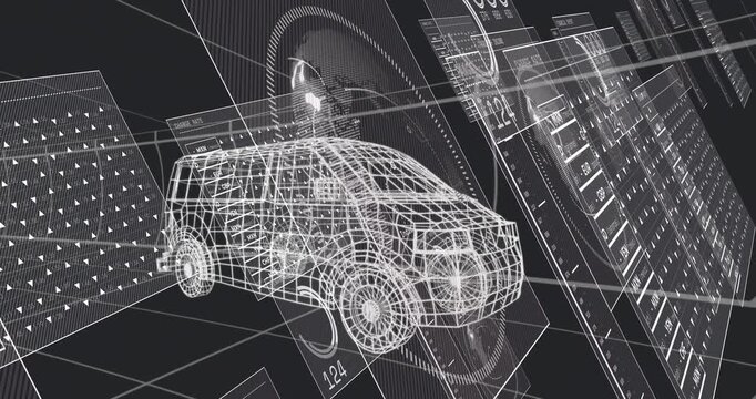 After scan command system scanning wireframe van in 3D hub, HUD panels pulsing for data